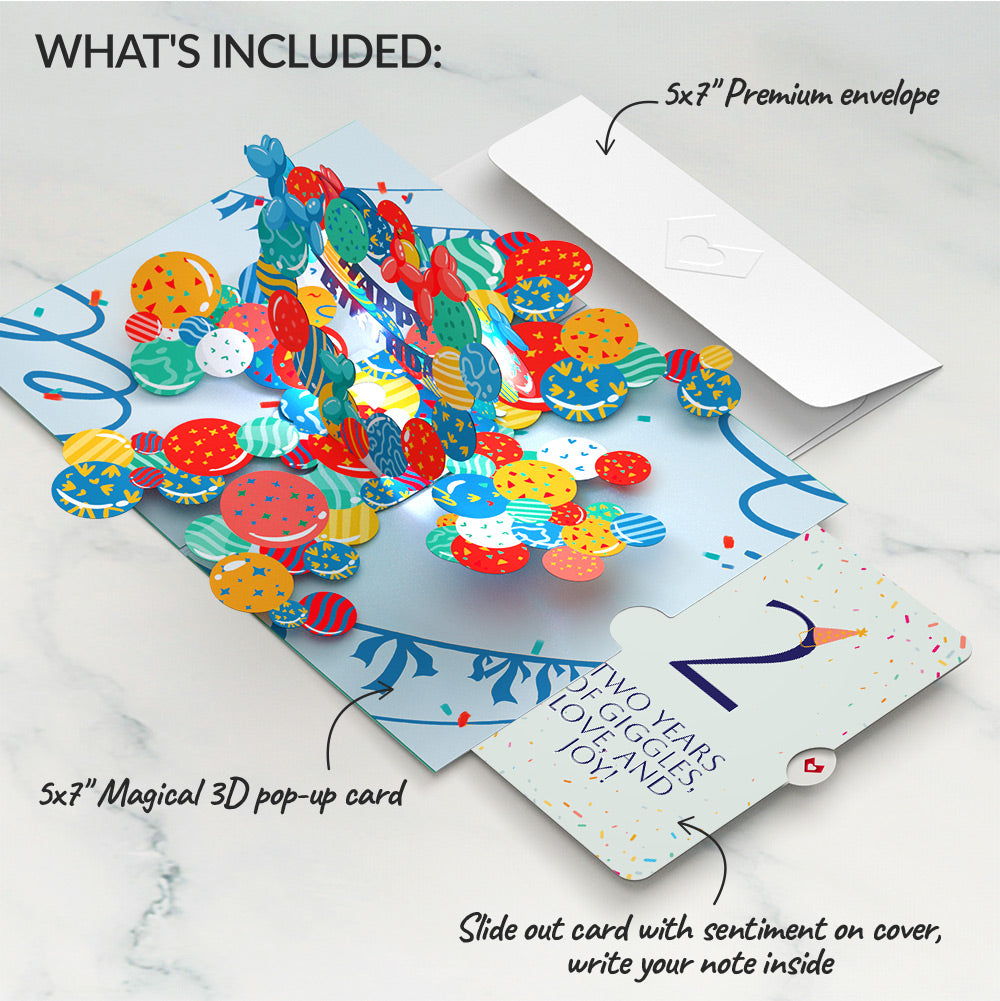 Happy 2nd Birthday Balloons Music and Lights Pop-Up Card and Party Hat Sentiment Set