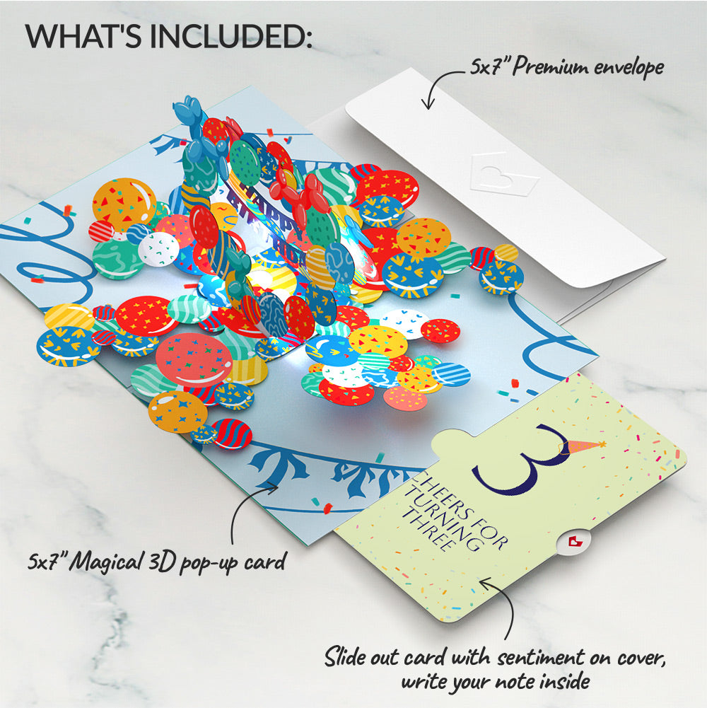 Happy 3rd Birthday Balloons Music and Lights Pop-Up Card and Party Hat Sentiment Set