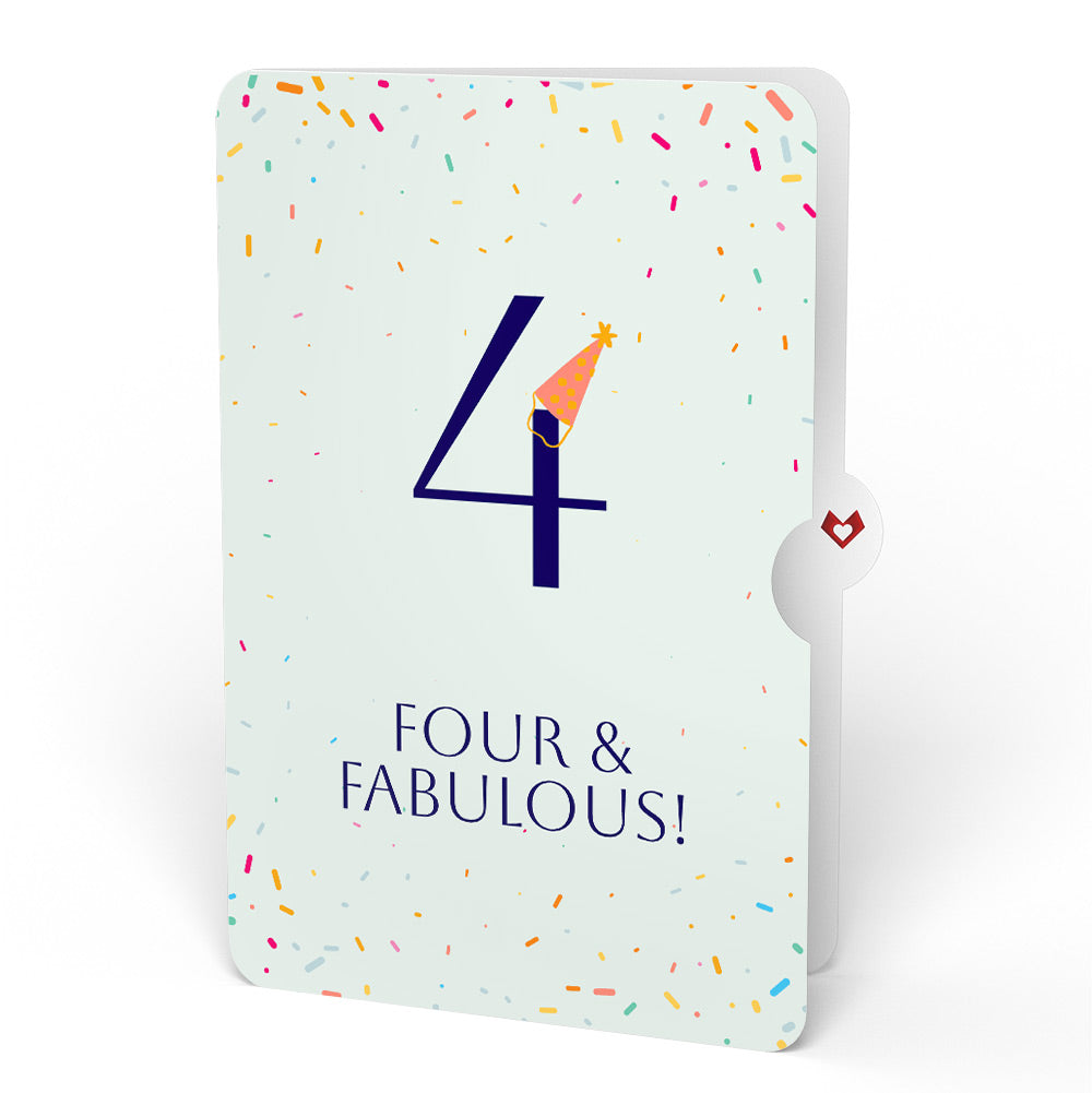 Happy 4th Birthday Balloons Music and Lights Pop-Up Card and Party Hat Sentiment Set