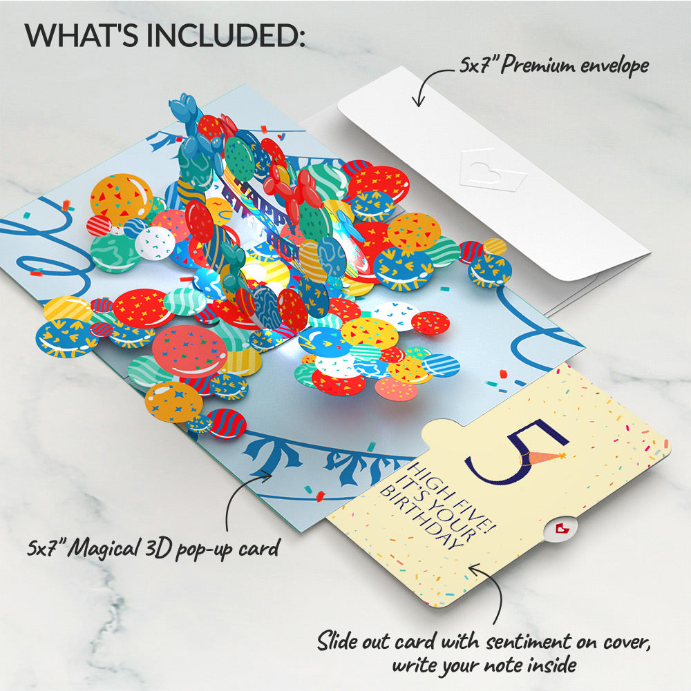 Happy 5th Birthday Balloons Music and Lights Pop-Up Card and Party Hat Sentiment Set