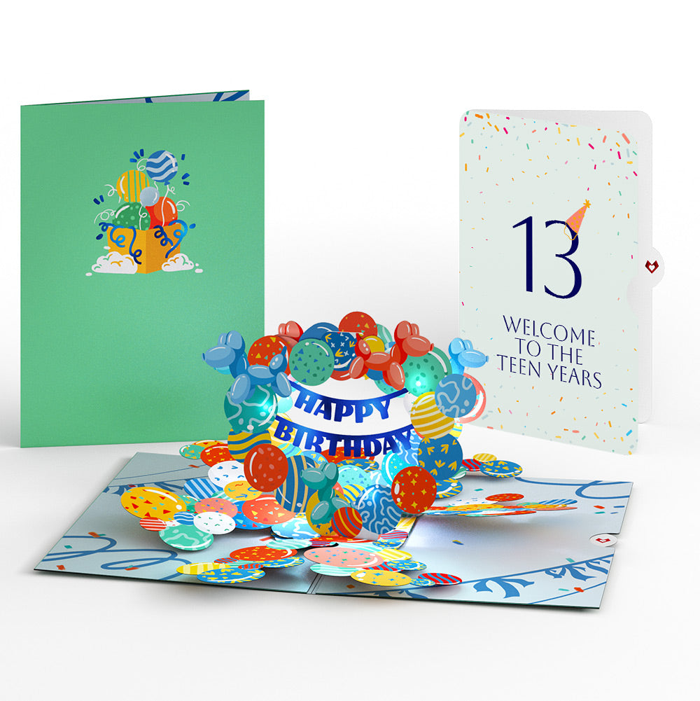 Happy 13th Birthday Balloons Music and Lights Pop-Up Card and Party Hat Sentiment Set