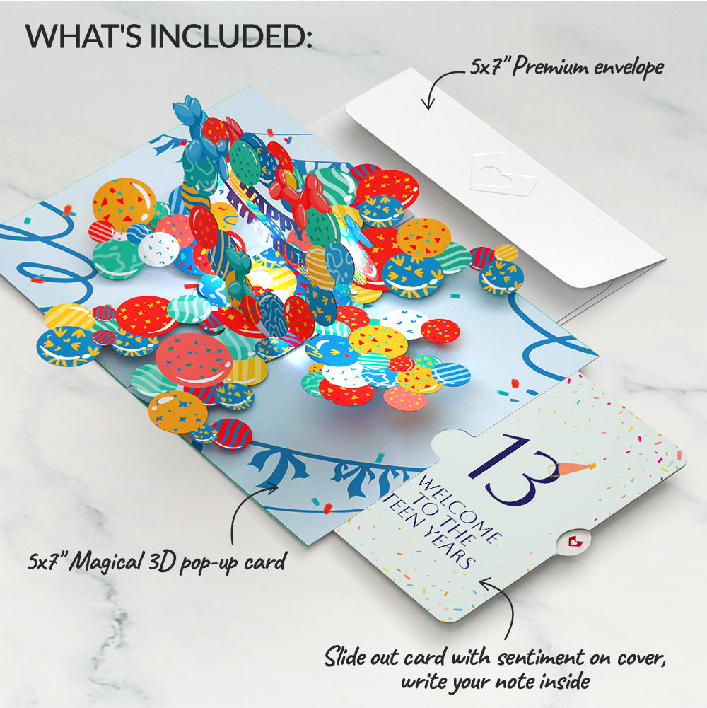 Happy 13th Birthday Balloons Music and Lights Pop-Up Card and Party Hat Sentiment Set