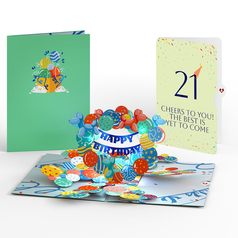 Happy 21st Birthday Balloons Music and Lights Pop-Up Card and Party Hat Sentiment Set