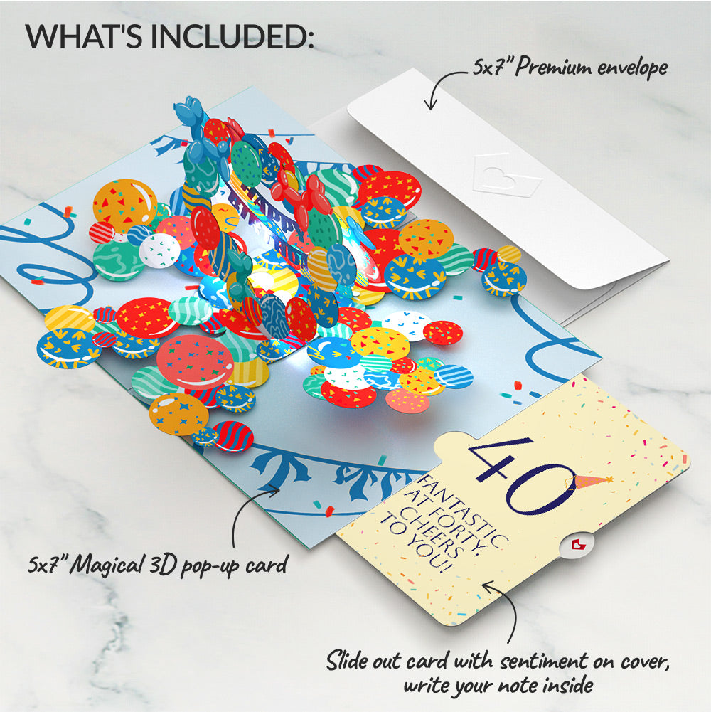 Happy 40th Birthday Balloons Music and Lights Pop-Up Card and Party Hat Sentiment Set