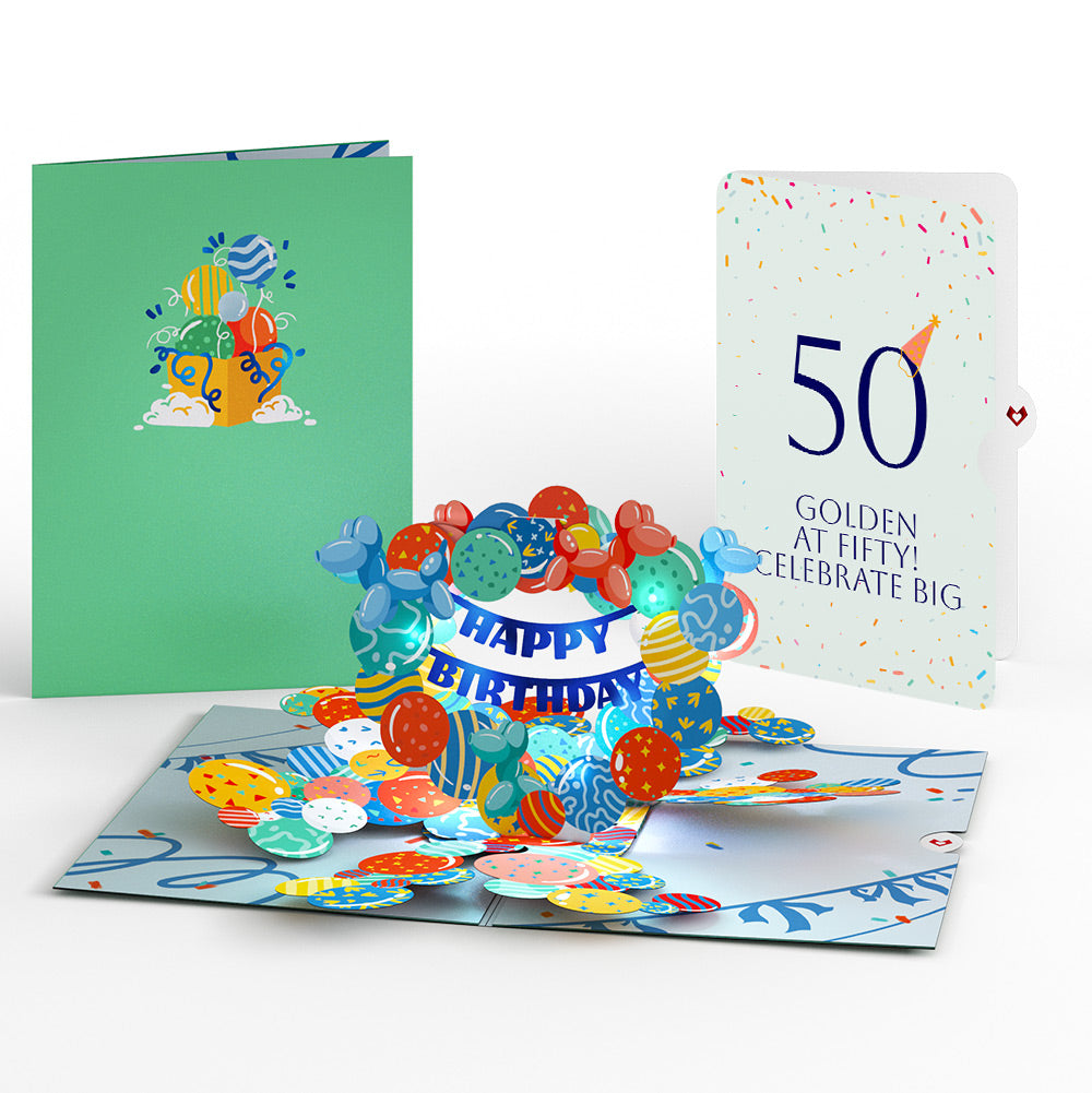 Happy 50th Birthday Balloons Music and Lights Pop-Up Card and Party Hat Sentiment Set