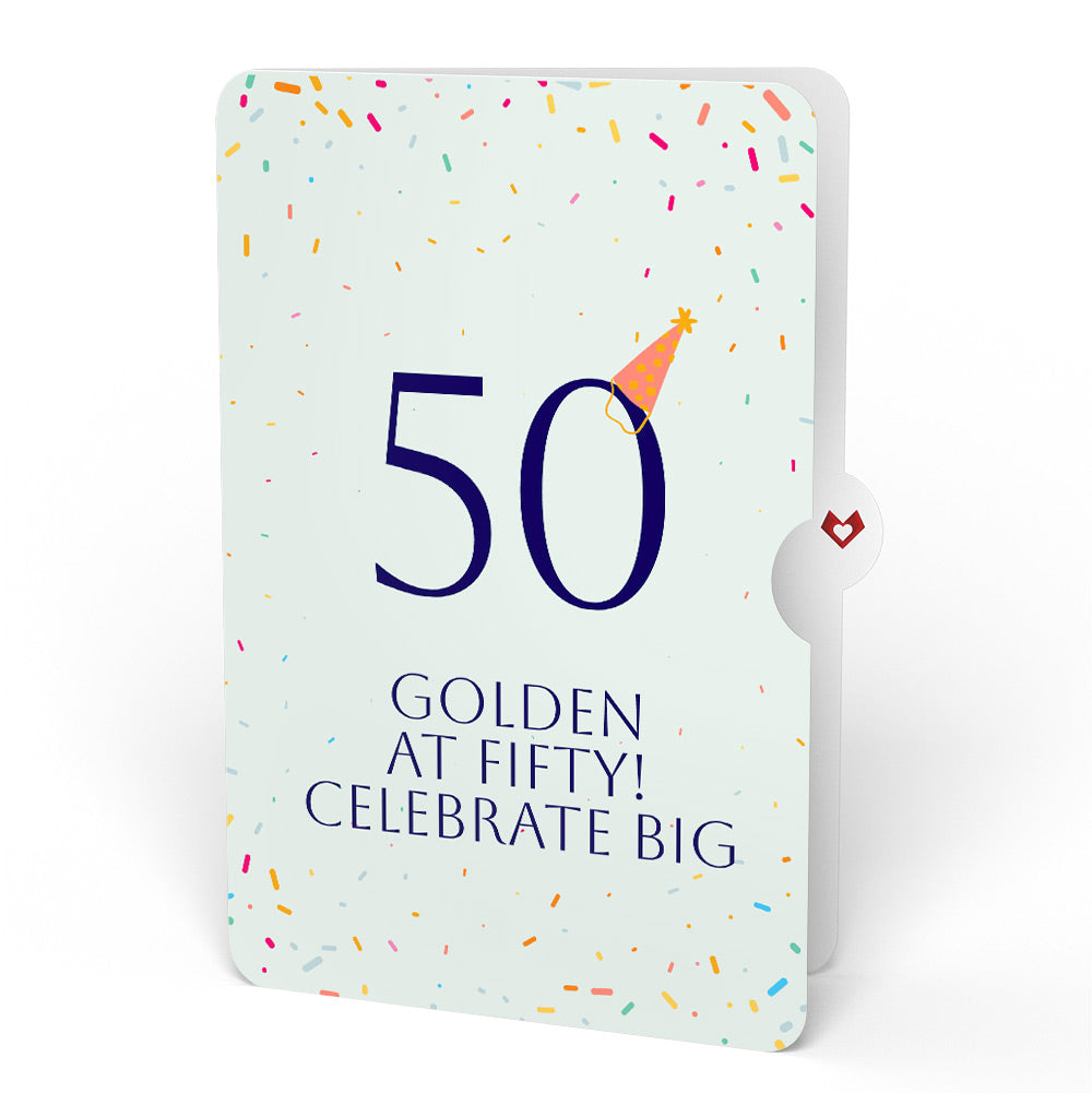 Happy 50th Birthday Balloons Music and Lights Pop-Up Card and Party Hat Sentiment Set