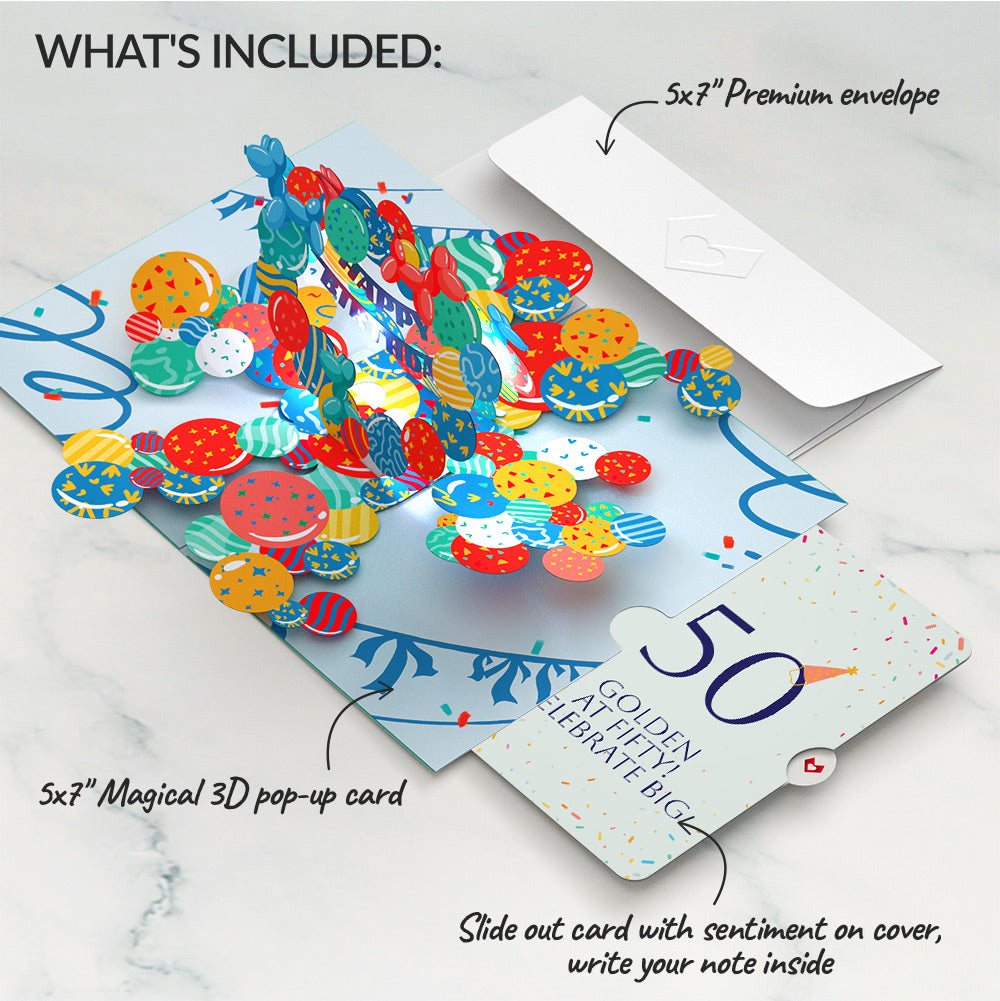 Happy 50th Birthday Balloons Music and Lights Pop-Up Card and Party Hat Sentiment Set