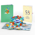 Happy 55th Birthday Balloons Music and Lights Pop-Up Card and Party Hat Sentiment Set