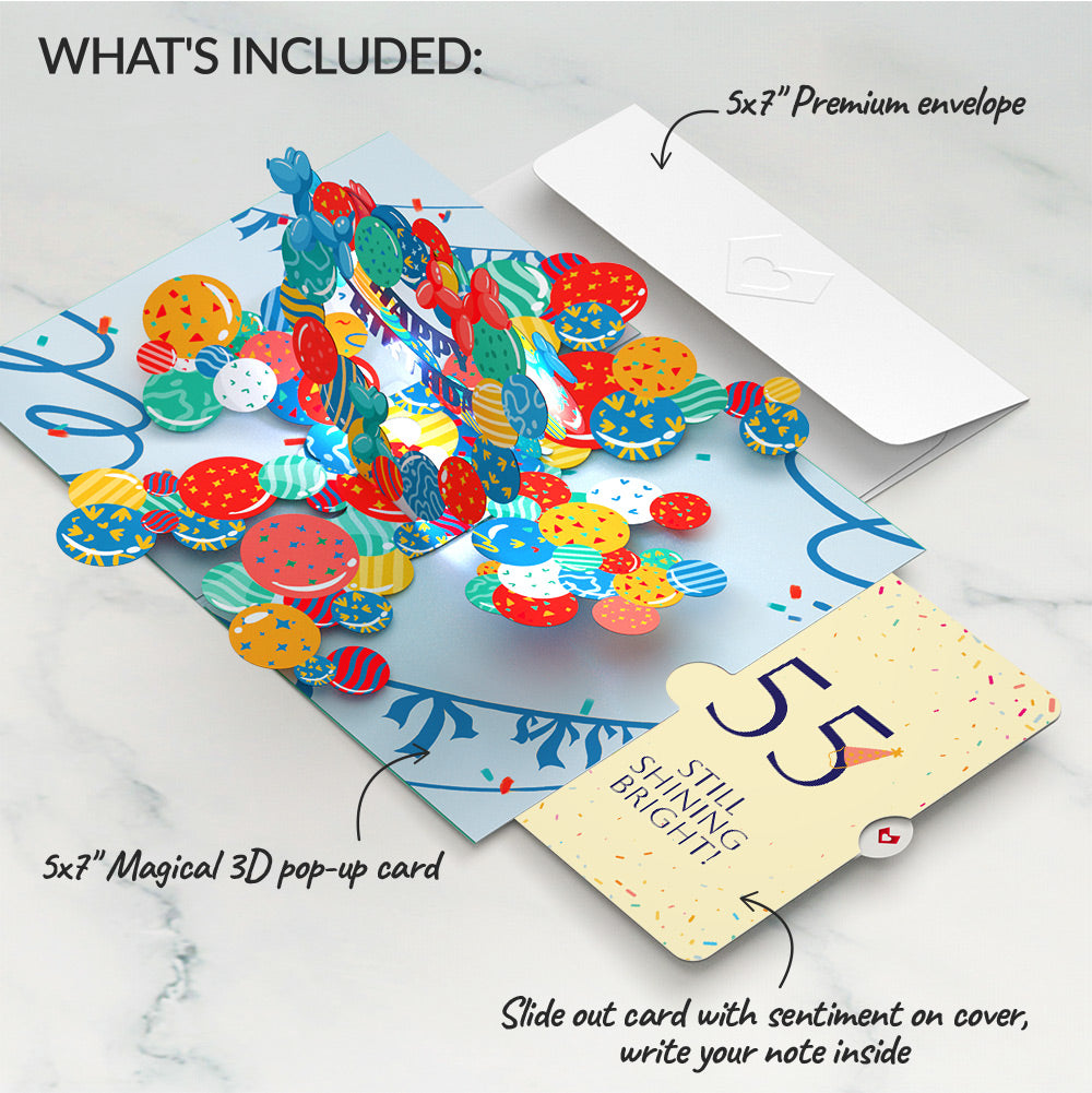 Happy 55th Birthday Balloons Music and Lights Pop-Up Card and Party Hat Sentiment Set
