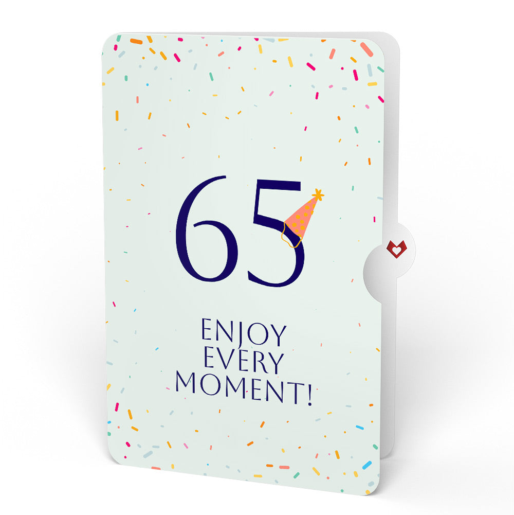 Happy 65th Birthday Balloons Music and Lights Pop-Up Card and Party Hat Sentiment Set