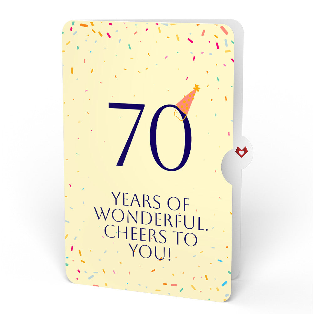 Happy 70th Birthday Balloons Music and Lights Pop-Up Card and Party Hat Sentiment Set