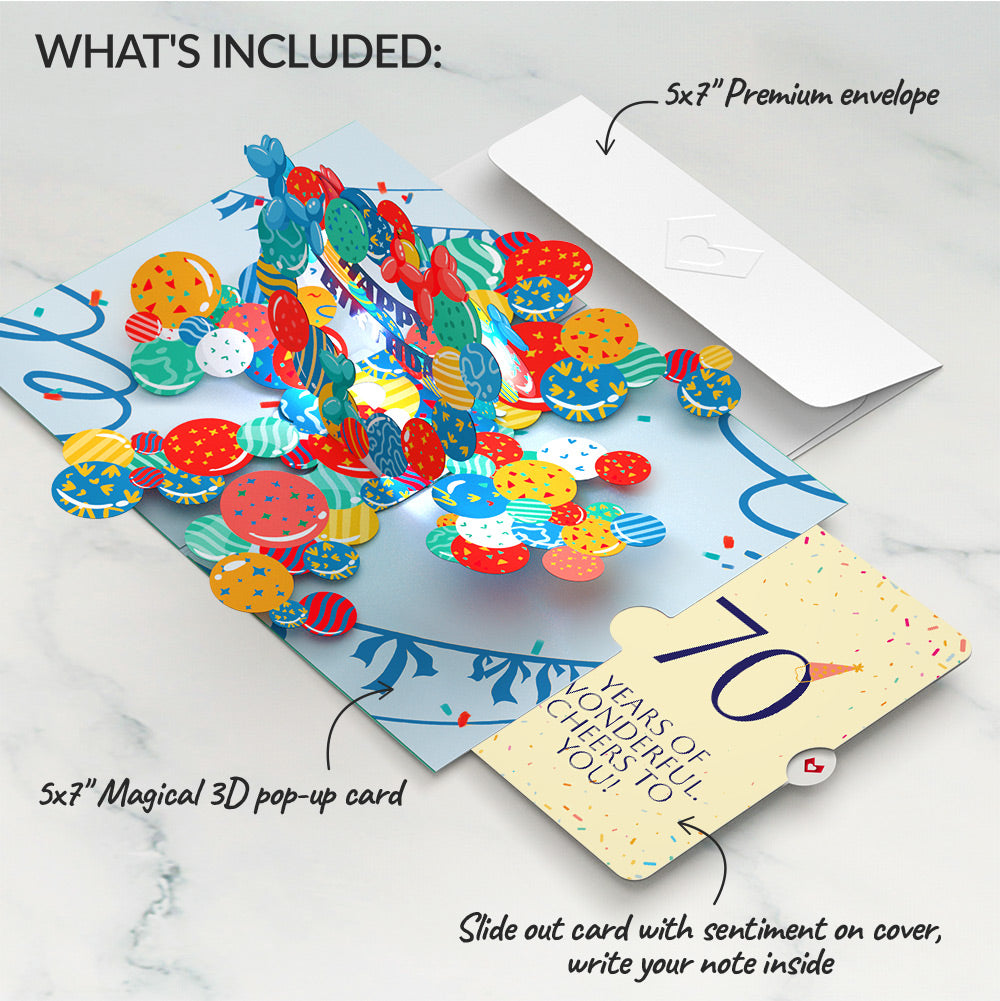 Happy 70th Birthday Balloons Music and Lights Pop-Up Card and Party Hat Sentiment Set
