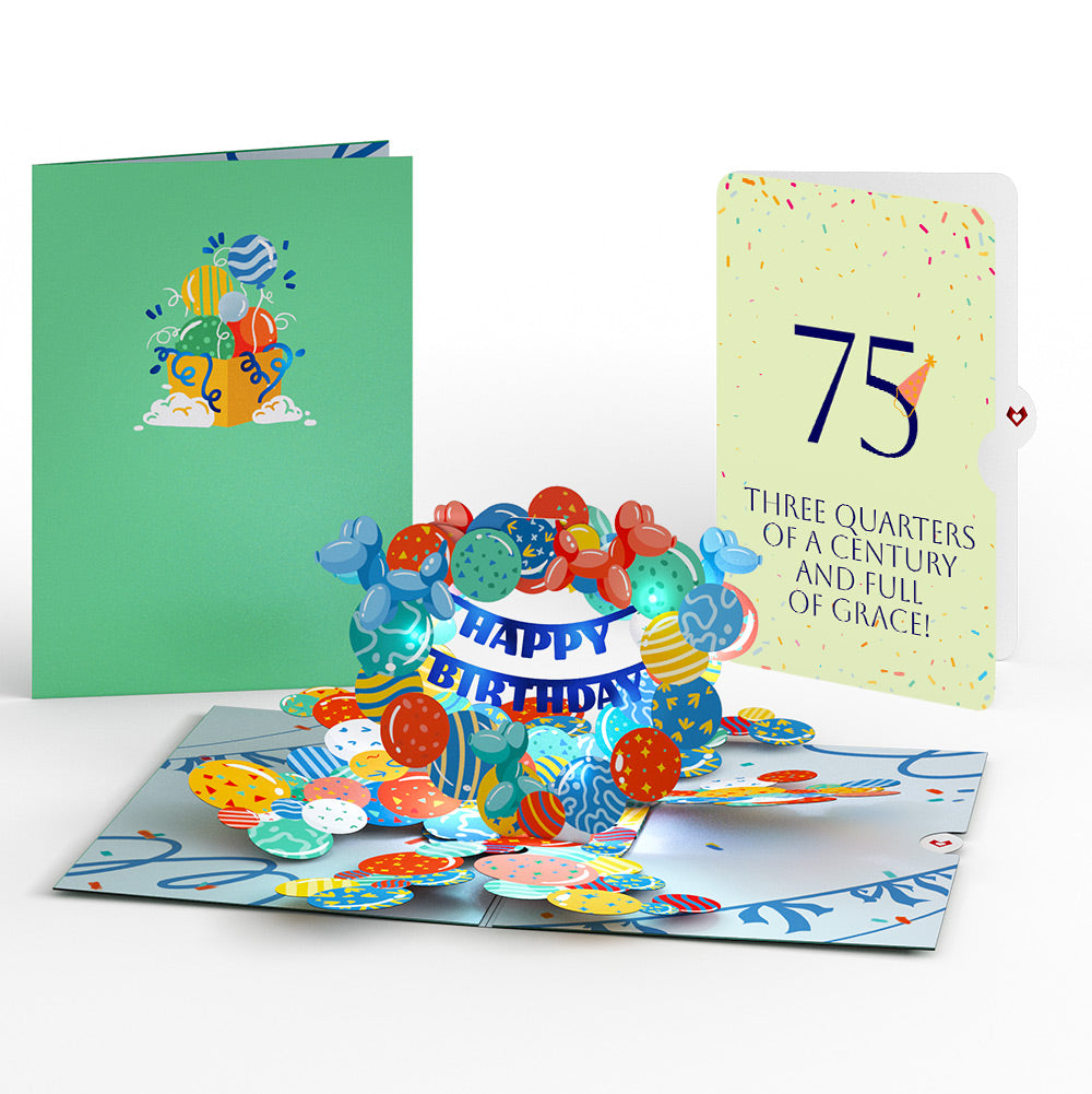 Happy 75th Birthday Balloons Music and Lights Pop-Up Card and Party Hat Sentiment Set
