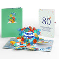 Happy 80th Birthday Balloons Music and Lights Pop-Up Card and Party Hat Sentiment Set