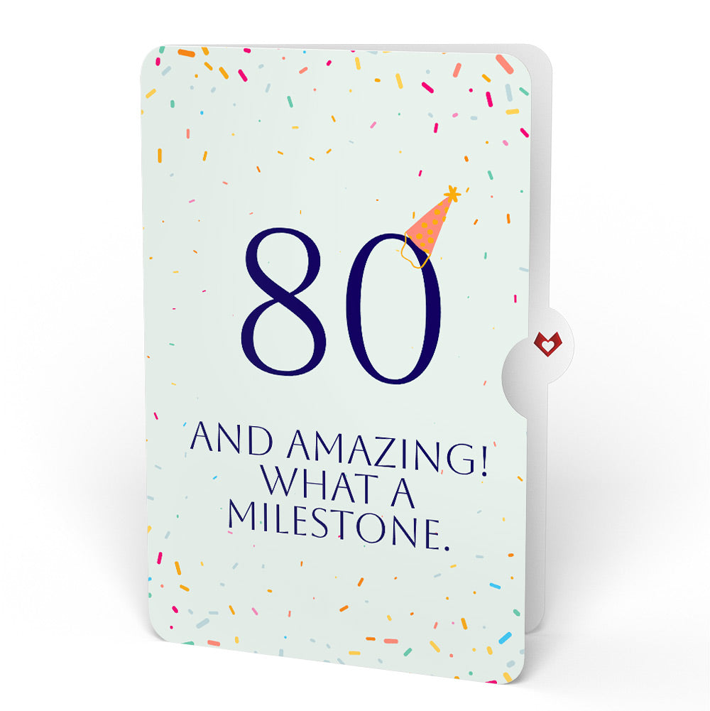 Happy 80th Birthday Balloons Music and Lights Pop-Up Card and Party Hat Sentiment Set