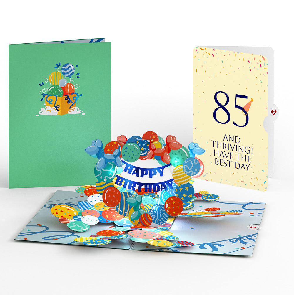 Happy 85th Birthday Balloons Music and Lights Pop-Up Card and Party Hat Sentiment Set