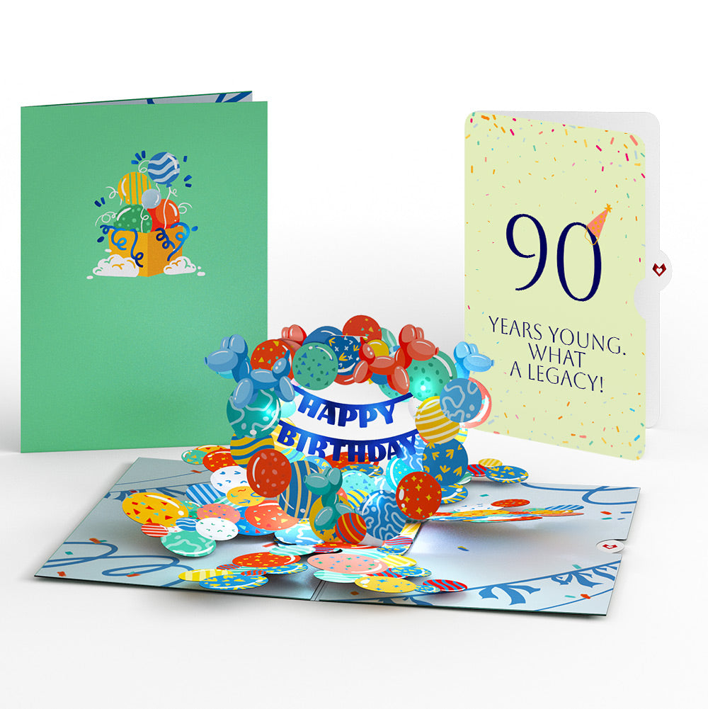 Happy 90th Birthday Balloons Music and Lights Pop-Up Card and Party Hat Sentiment Set