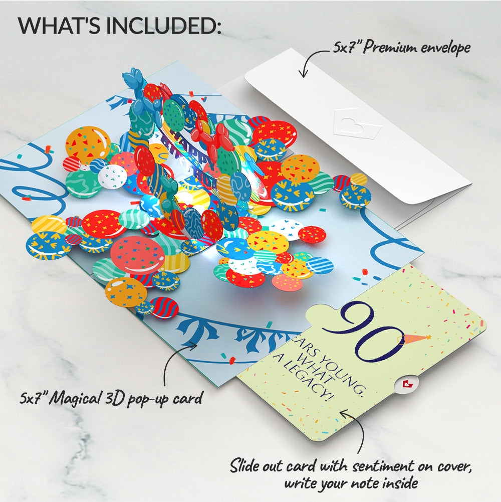 Happy 90th Birthday Balloons Music and Lights Pop-Up Card and Party Hat Sentiment Set