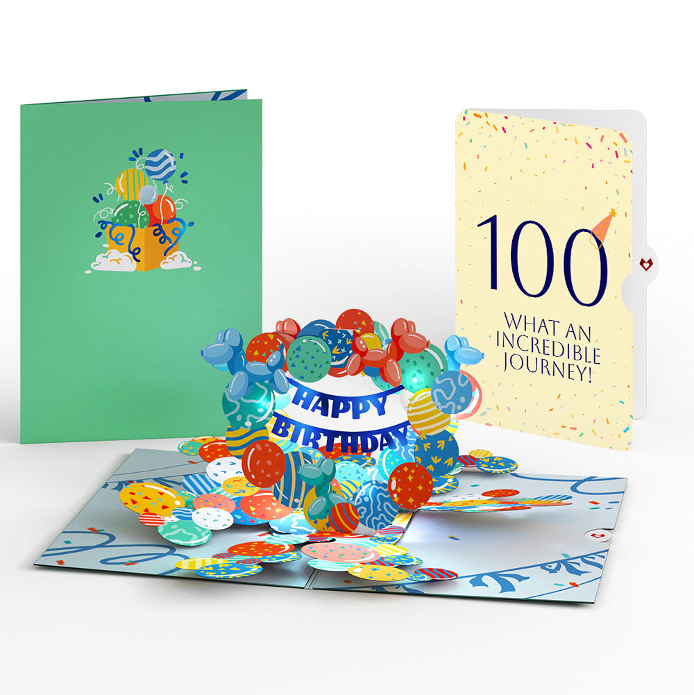 Happy 100th Birthday Balloons Music and Lights Pop-Up Card and Party Hat Sentiment Set