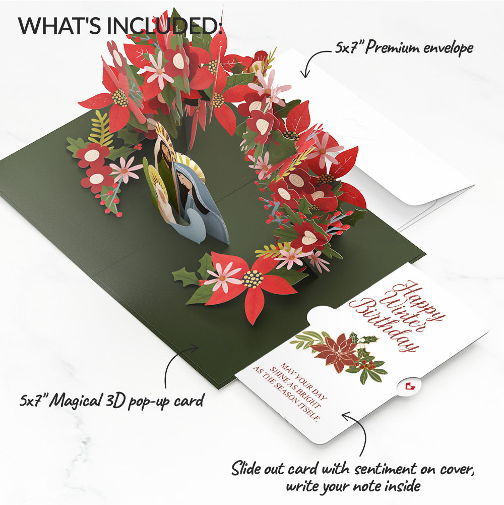 A Child Is Born Christmas Pop-Up Card and Poinsettia Winter Birthday Sentiment Set