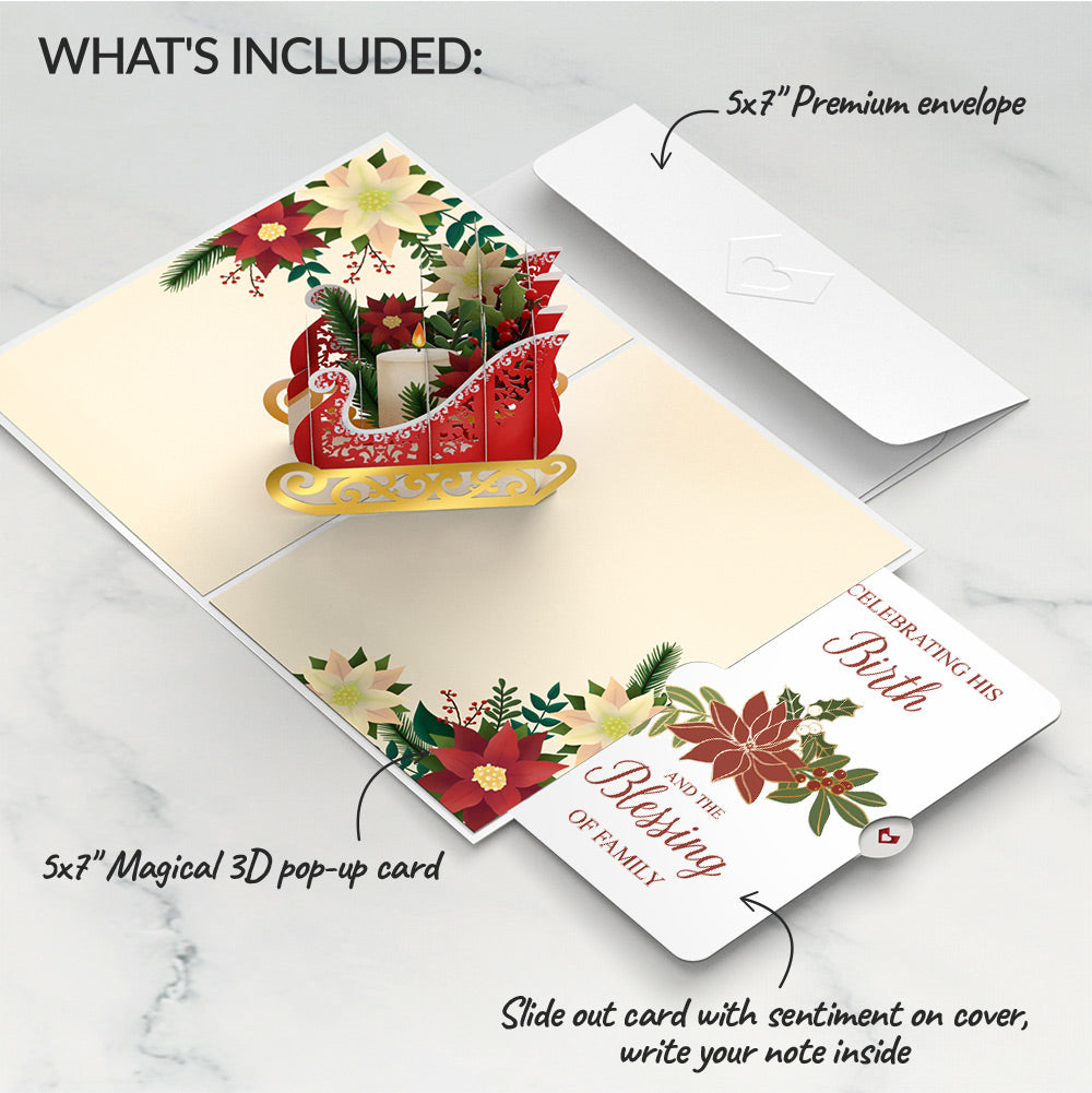 Holiday Poinsettia Sleigh Pop-Up Card and Blessing Christmas Sentiment Set
