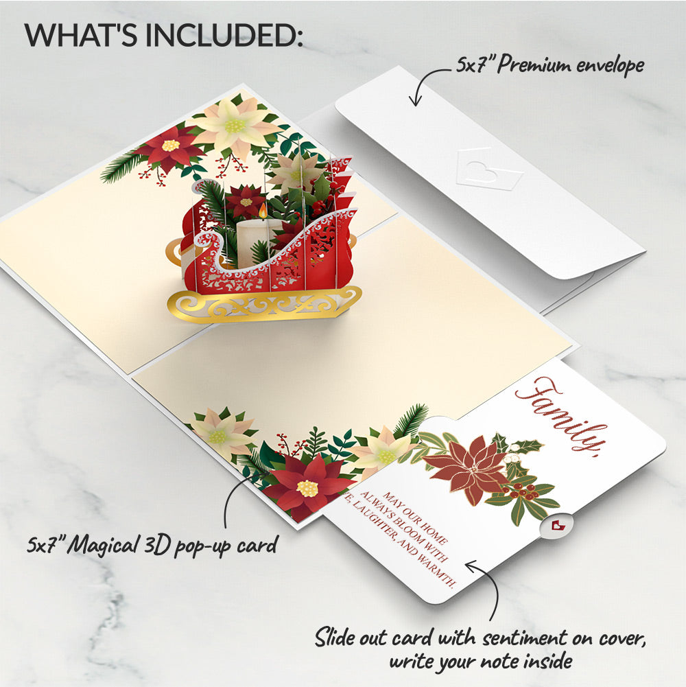 Holiday Poinsettia Sleigh Pop-Up Card and Blooming Love Sentiment Set for Family
