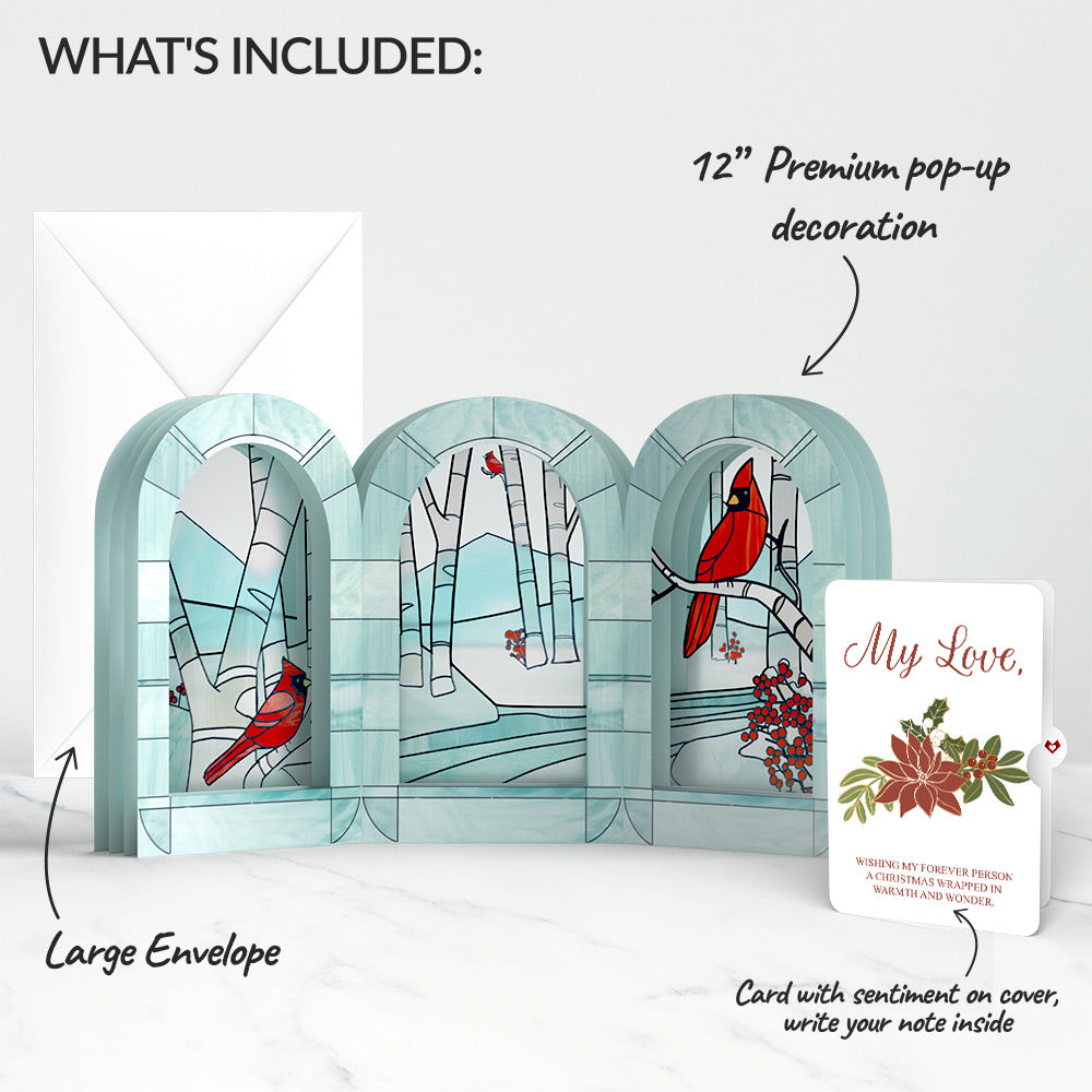 Stained Glass Winter Cardinal Pop-Up Gift and Poinsettia Love Sentiment Set for Partner