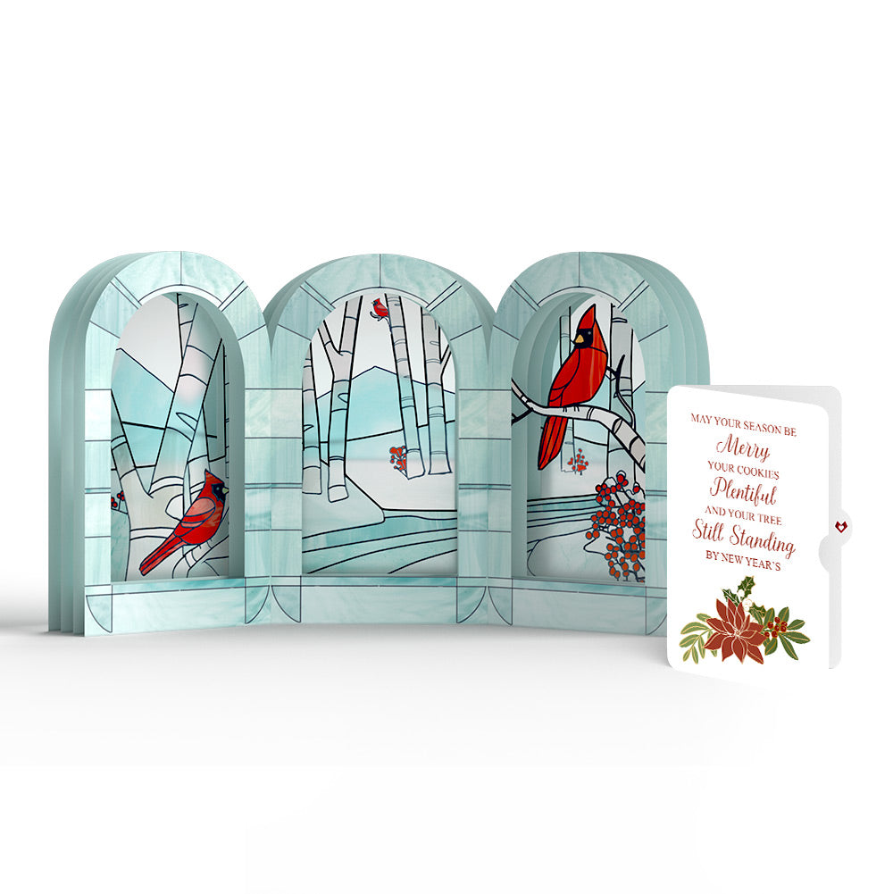 Stained Glass Winter Cardinal Pop-Up Gift and Poinsettia Merry & Plentiful Christmas Sentiment Set