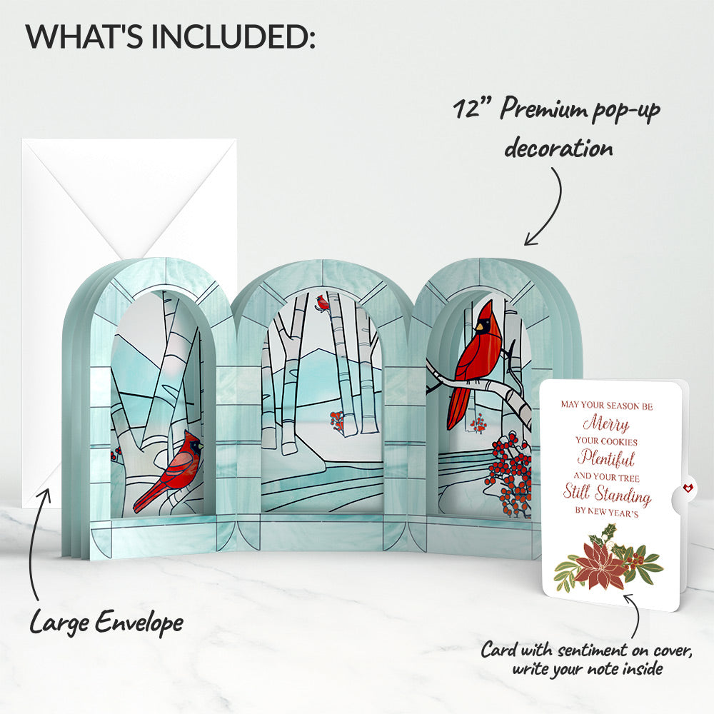 Stained Glass Winter Cardinal Pop-Up Gift and Poinsettia Merry & Plentiful Christmas Sentiment Set