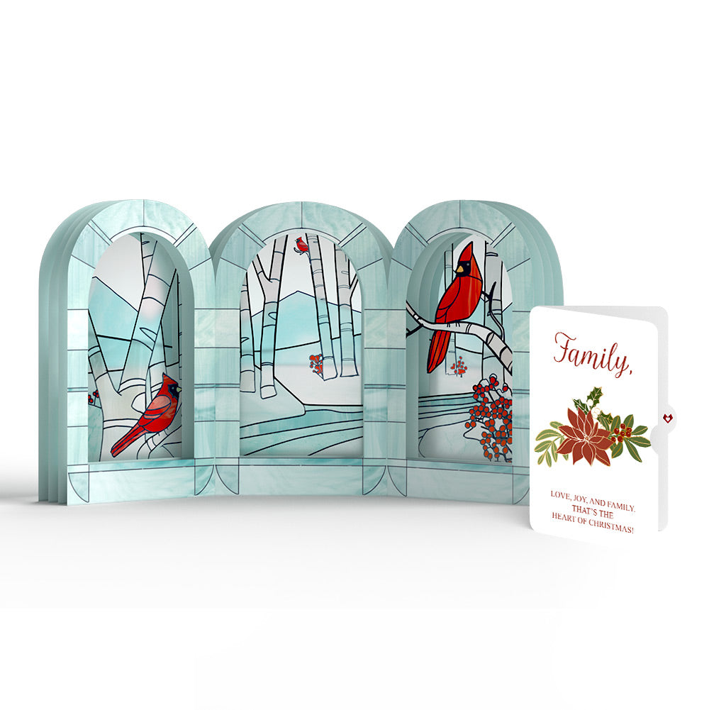 Stained Glass Winter Cardinal Pop-Up Gift and Poinsettia Christmas Sentiment Set for Family