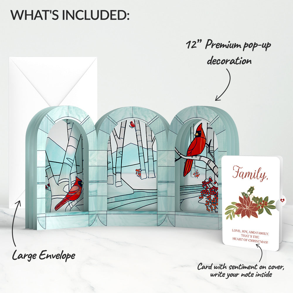 Stained Glass Winter Cardinal Pop-Up Gift and Poinsettia Christmas Sentiment Set for Family