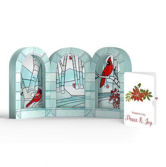 Stained Glass Winter Cardinal Pop-Up Gift and Poinsettia Peace & Joy Christmas Sentiment Set