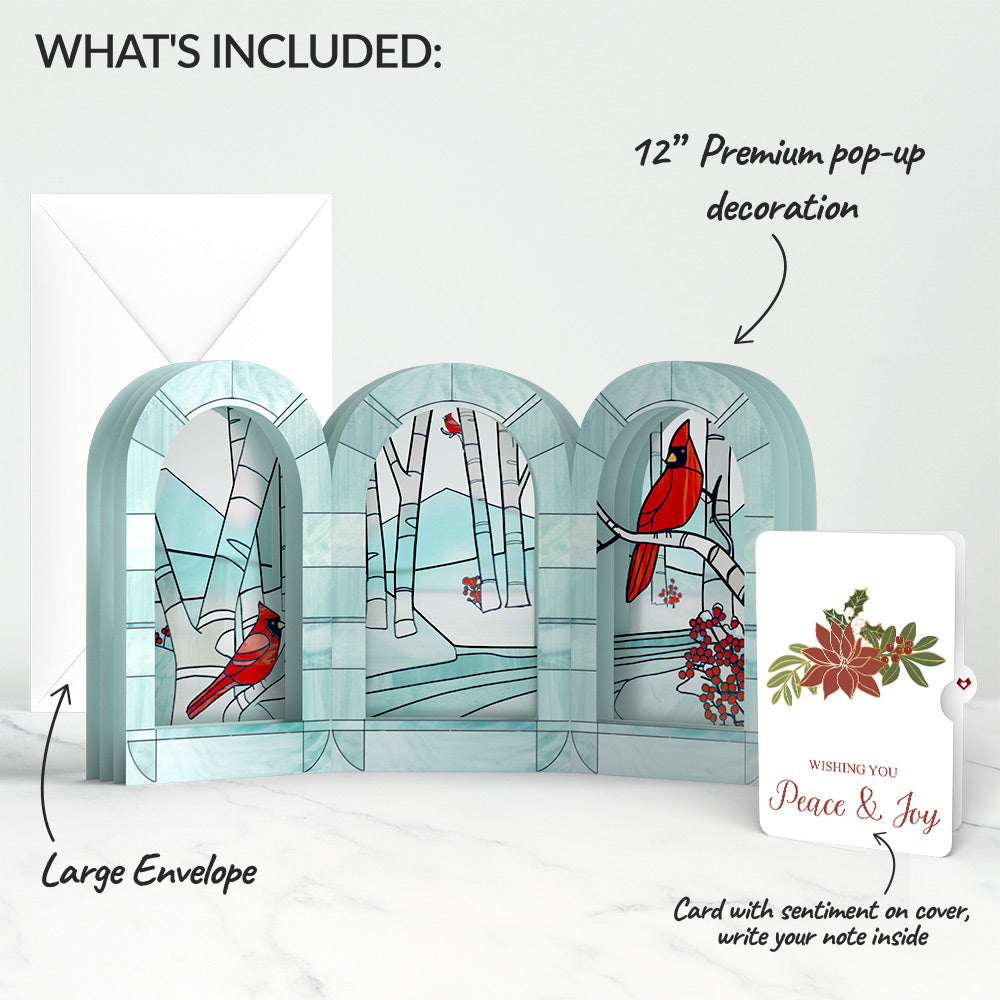 Stained Glass Winter Cardinal Pop-Up Gift and Poinsettia Peace & Joy Christmas Sentiment Set