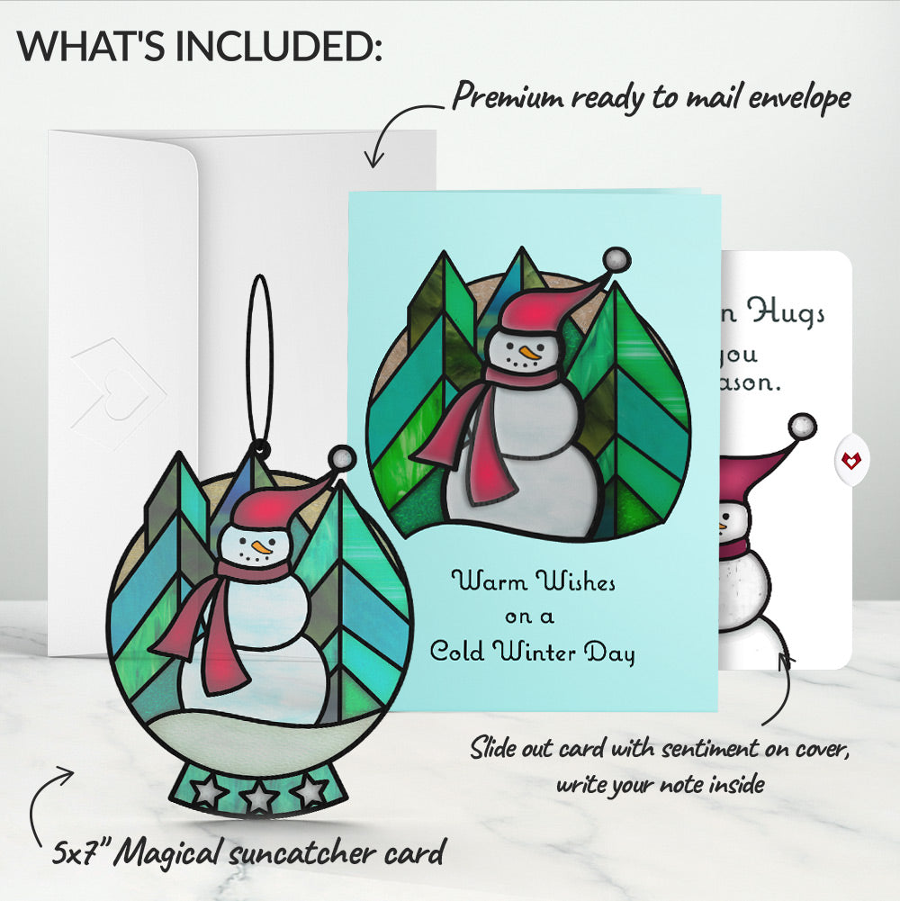 Warm Wishes Snowman Winter Suncatcher Card and Hugs for You Sentiment Set