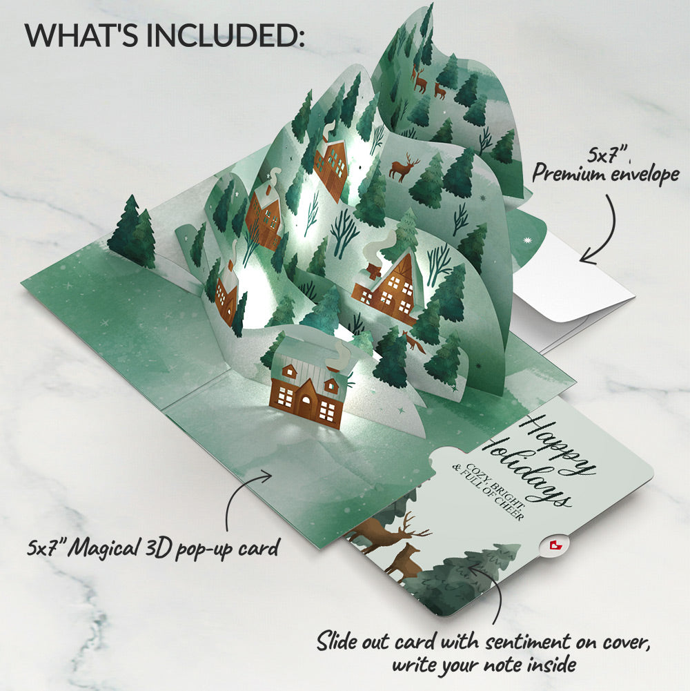 Winter Wishes Mountain Village Light-Up Pop-Up Card and Woodland Deer Happy Holidays Sentiment Set