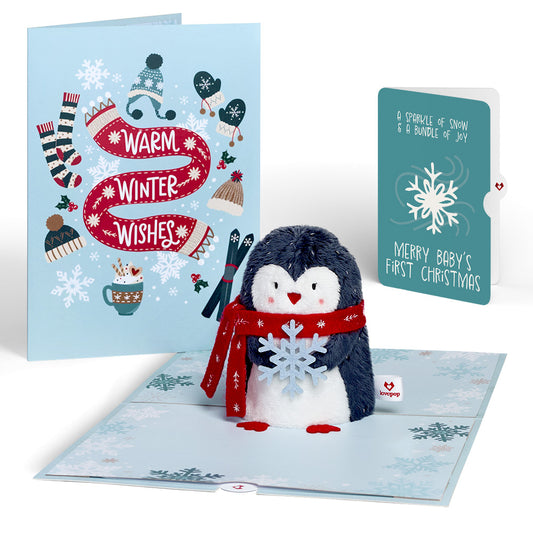 'Warm Winter Wishes' Holiday Penguin Plushpop Card and Sentiment Set for Baby