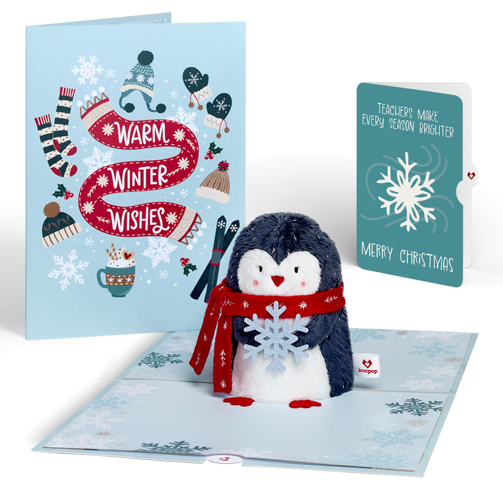 'Warm Winter Wishes' Holiday Penguin Plushpop Card and Sentiment Set for Teacher