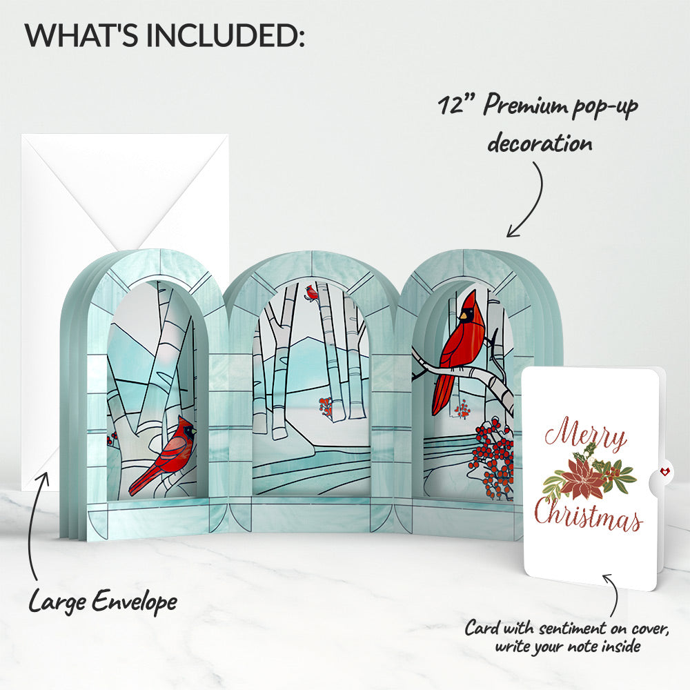 Stained Glass Winter Cardinal Pop-Up Gift and Poinsettia Christmas Sentiment Set