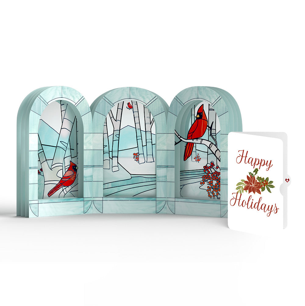 Stained Glass Winter Cardinal Pop-Up Gift and Poinsettia Holiday Sentiment Set