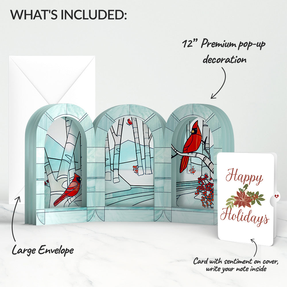 Stained Glass Winter Cardinal Pop-Up Gift and Poinsettia Holiday Sentiment Set
