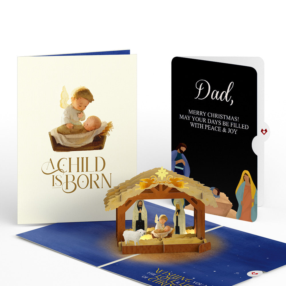 A Child is Born Nativity Christmas Light-Up Pop-Up Card and Sentiment Set for Dad