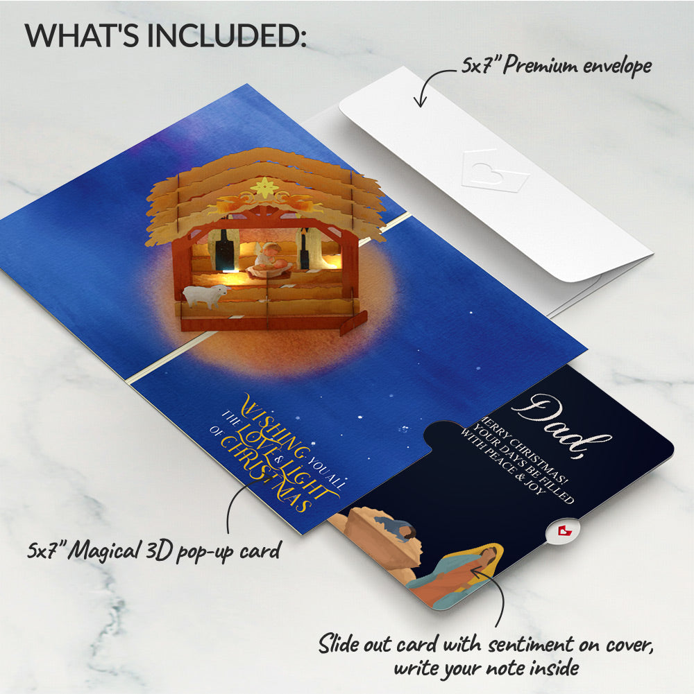 A Child is Born Nativity Christmas Light-Up Pop-Up Card and Sentiment Set for Dad