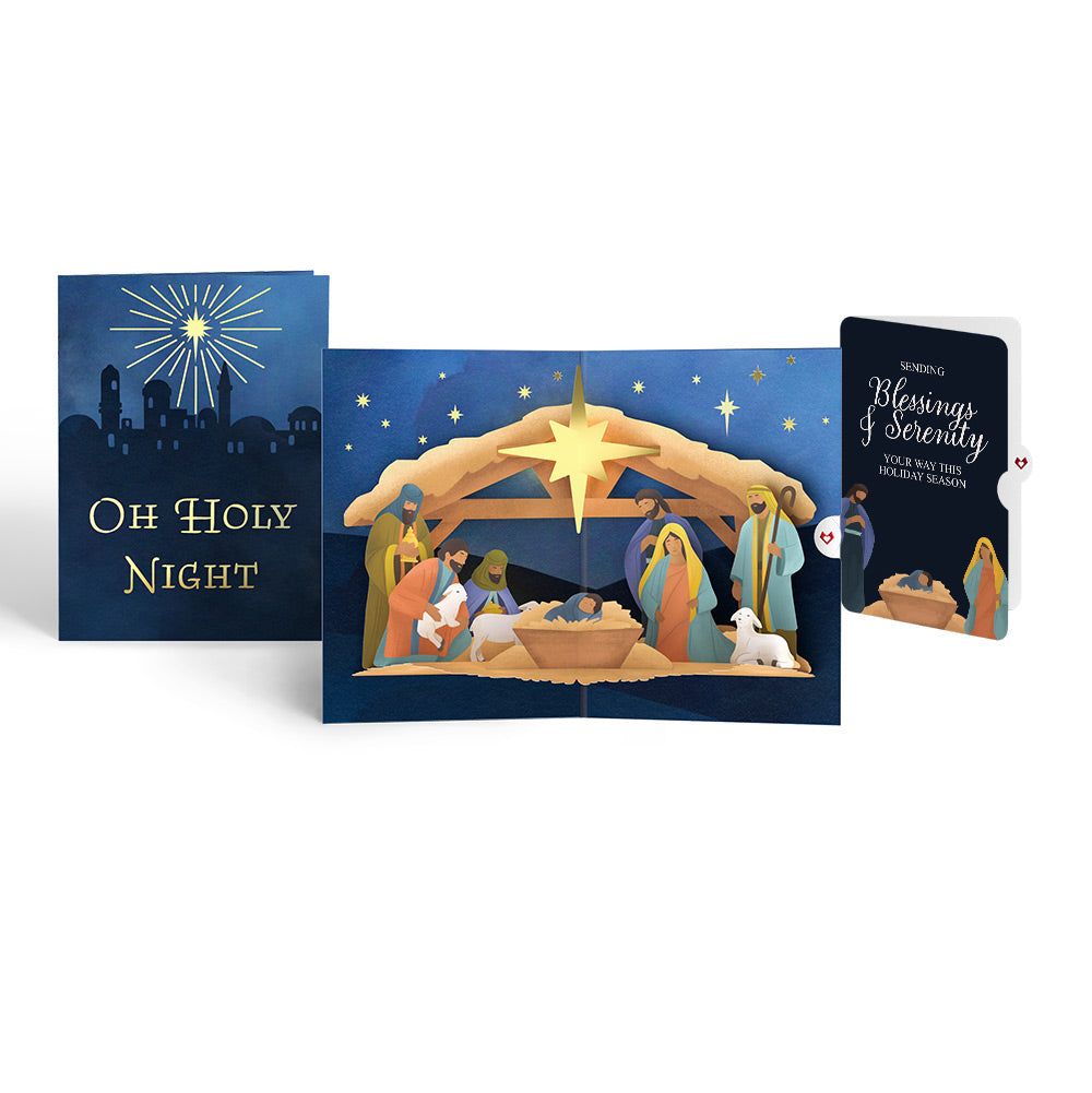 Oh Holy Night Nativity Christmas Light-Up Pop-Up Card and Blessings & Serenity Sentiment Set