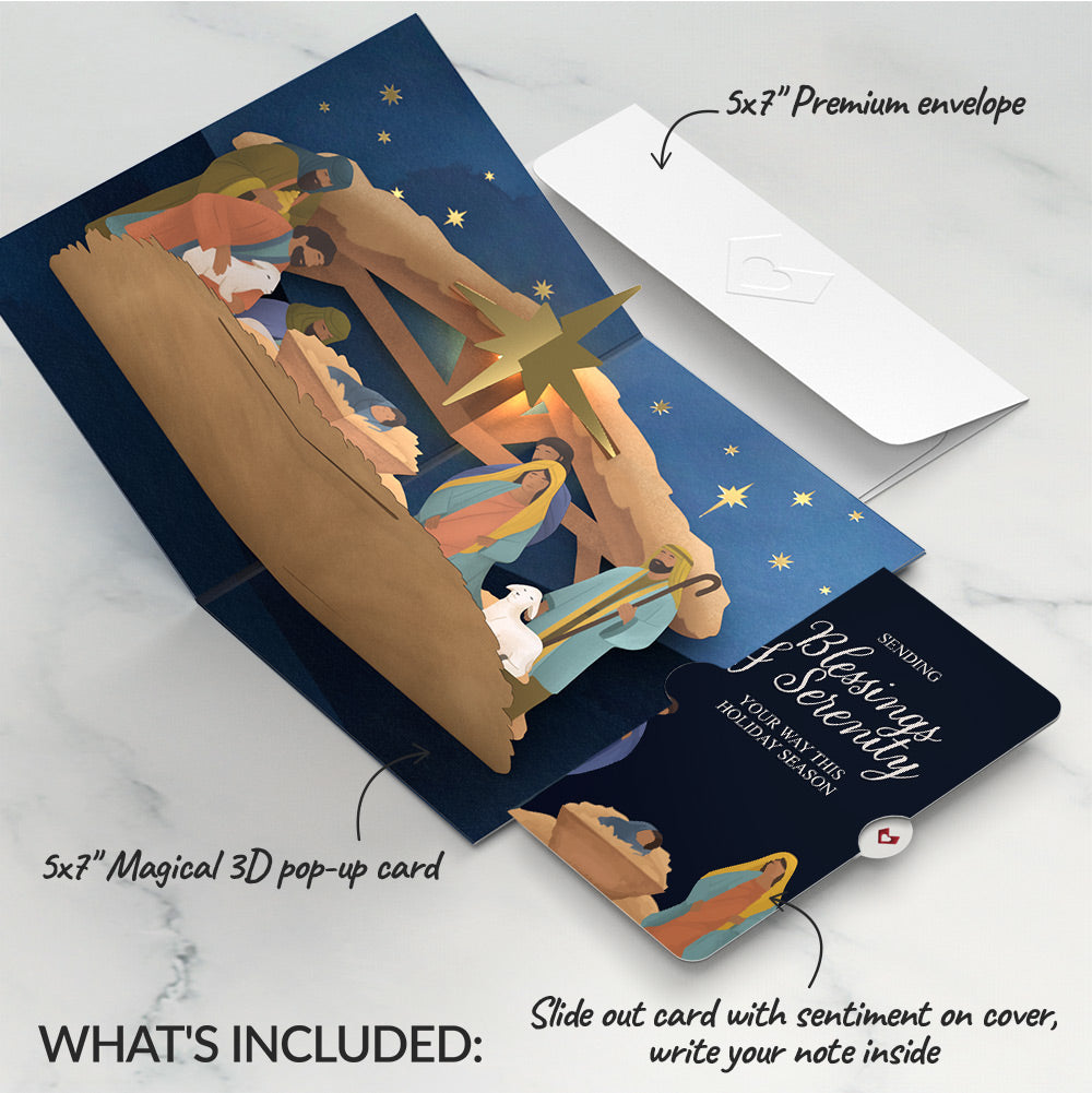 Oh Holy Night Nativity Christmas Light-Up Pop-Up Card and Blessings & Serenity Sentiment Set