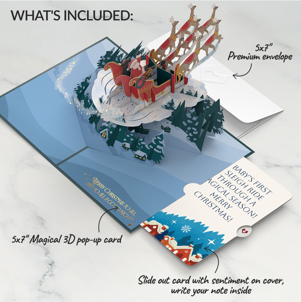 Night Sky Santa Sleigh First Christmas Pop-Up Card and Snow Village Sentiment Set for Baby