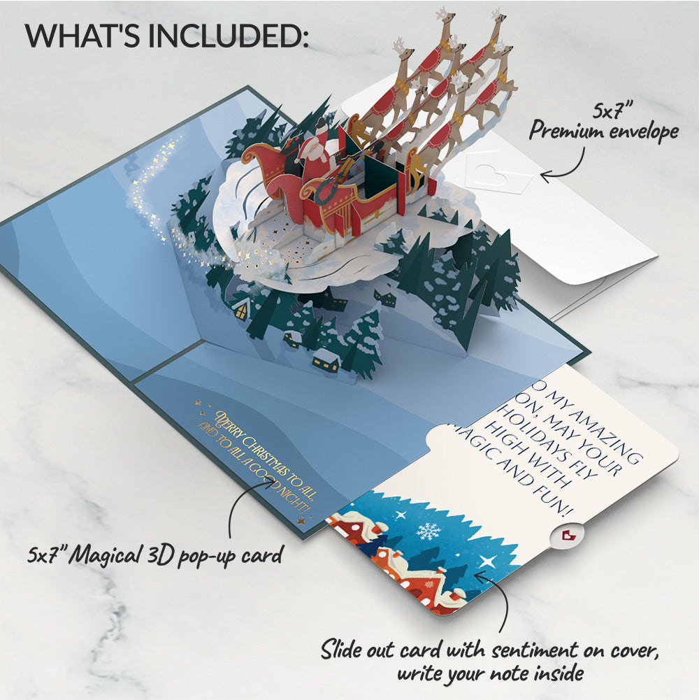 Night Sky Santa Sleigh Christmas Pop-Up Card and Snow Village Sentiment Set for Son