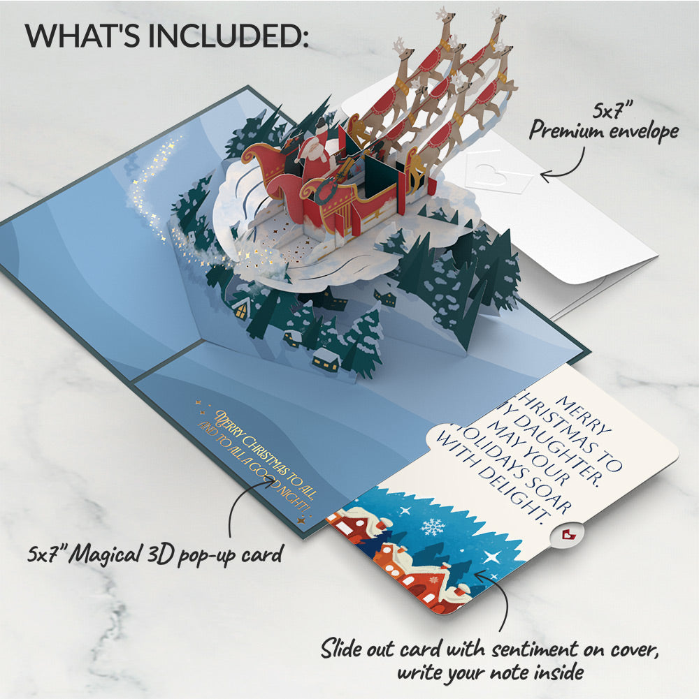 Night Sky Santa Sleigh Christmas Pop-Up Card and Snow Village Sentiment Set for Daughter