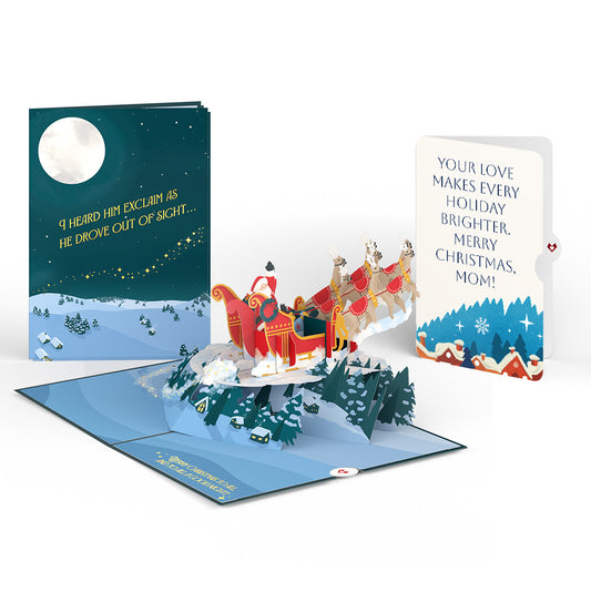Night Sky Santa Sleigh Christmas Pop-Up Card and Snow Village Sentiment Set for Mom