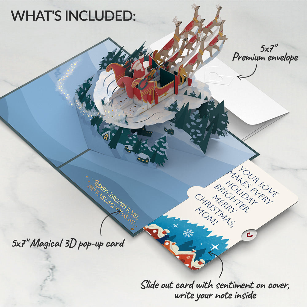 Night Sky Santa Sleigh Christmas Pop-Up Card and Snow Village Sentiment Set for Mom