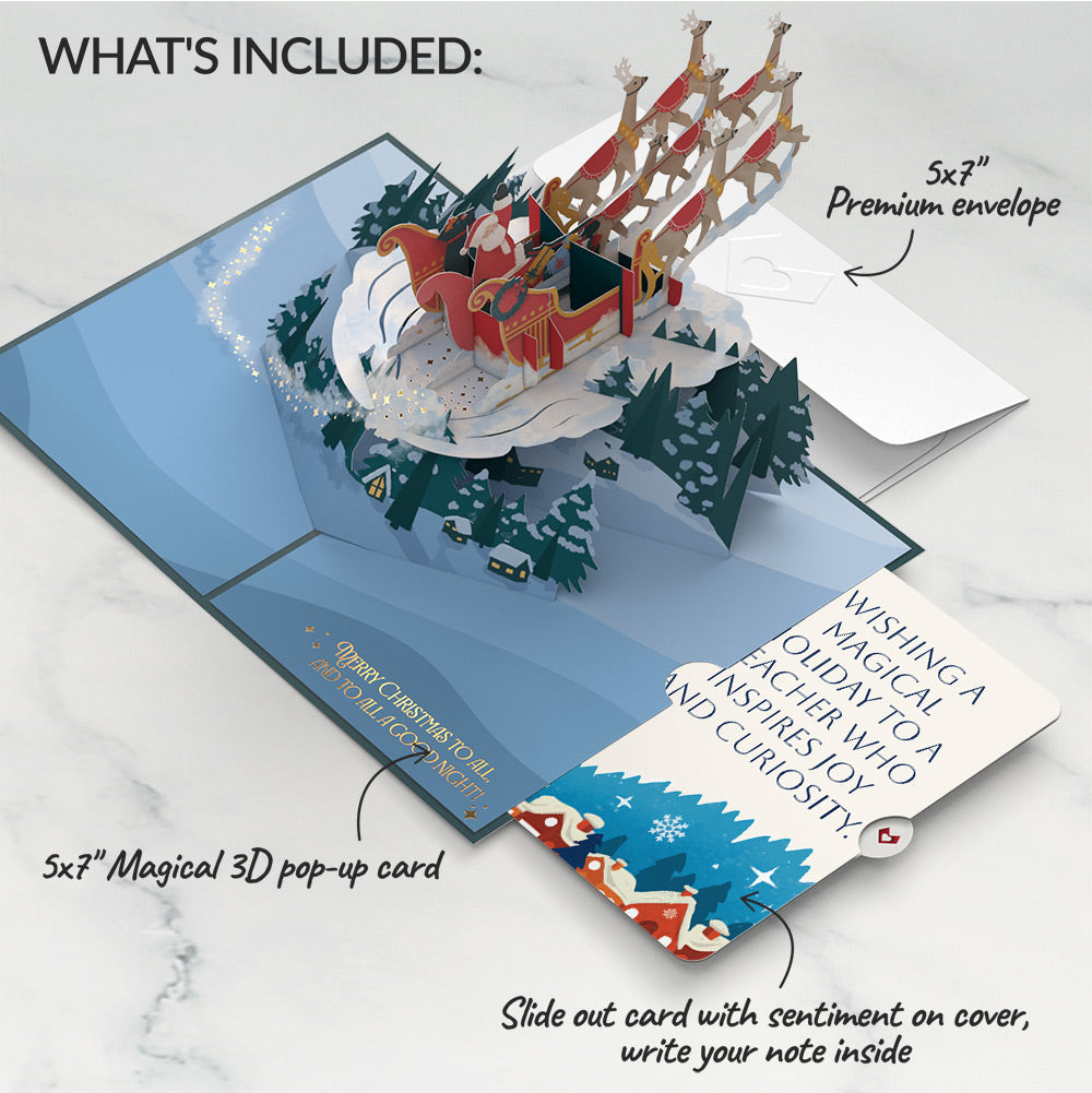 Night Sky Santa Sleigh Christmas Pop-Up Card and Snow Village Sentiment Set for Teacher